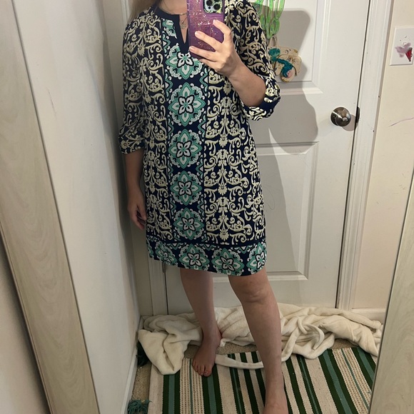 LUXOLOGY DRESS BEAUTIFUL PRINT ROLL TAB SLEEVE POCKETS 10 GREAT FIT BLUE GREEN - Picture 3 of 11